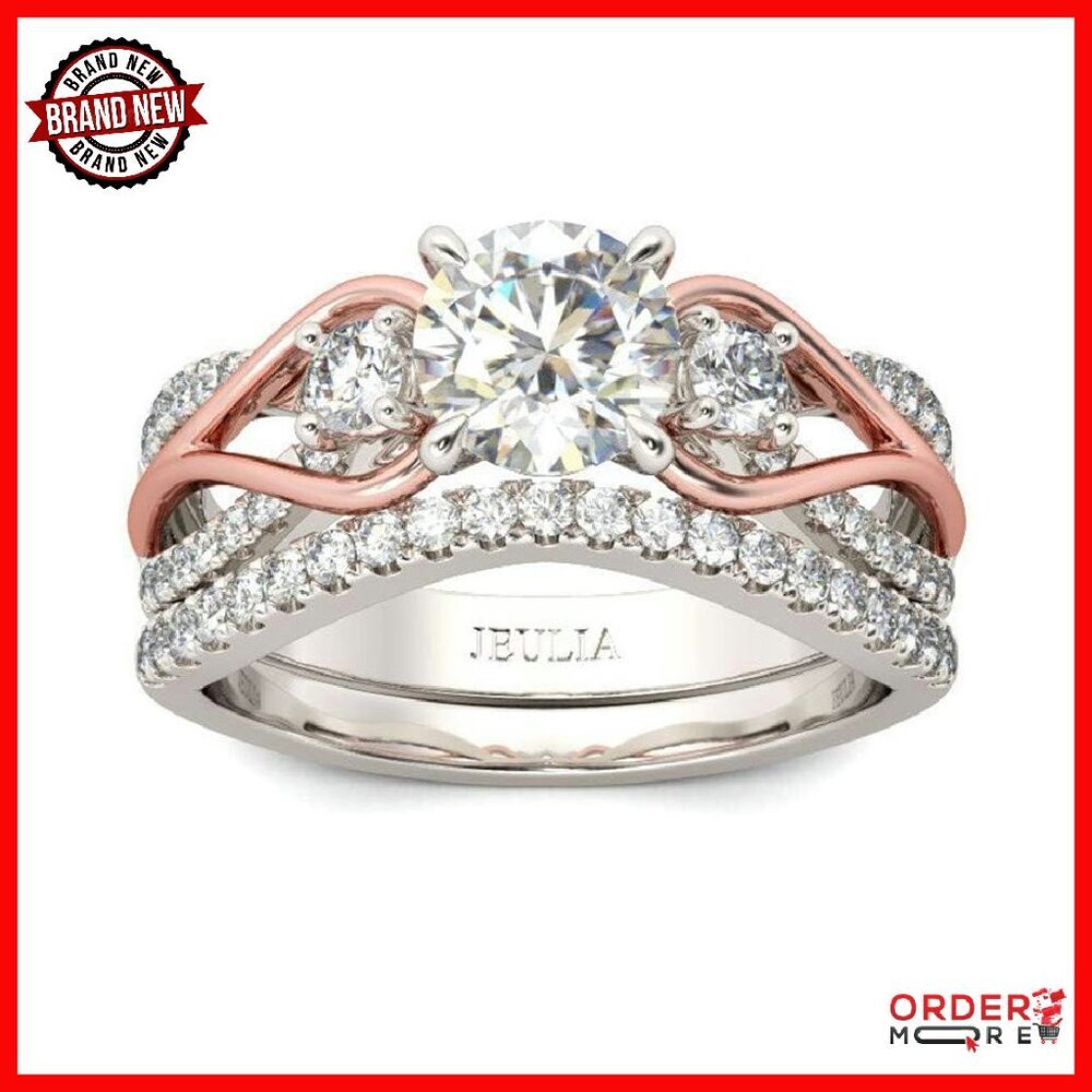 Sterling Silver 3-Stone Bridal Ring Set Size 7.5 Engagement Wedding